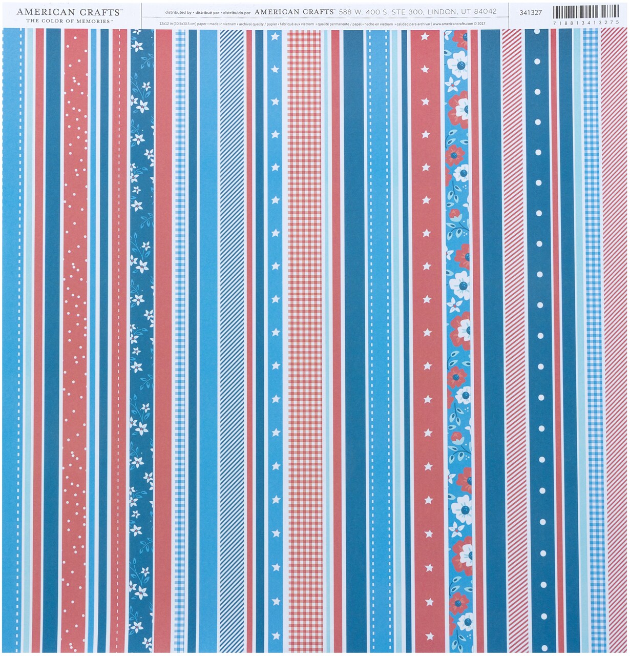 American Crafts Everyday Single-Sided Cardstock 12"X12"-Patriotic Stripe
